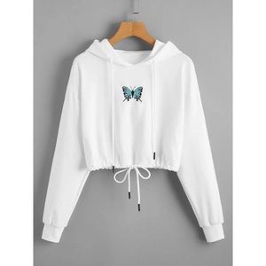 Butterfly Print Drawstring Hem Hoodie
